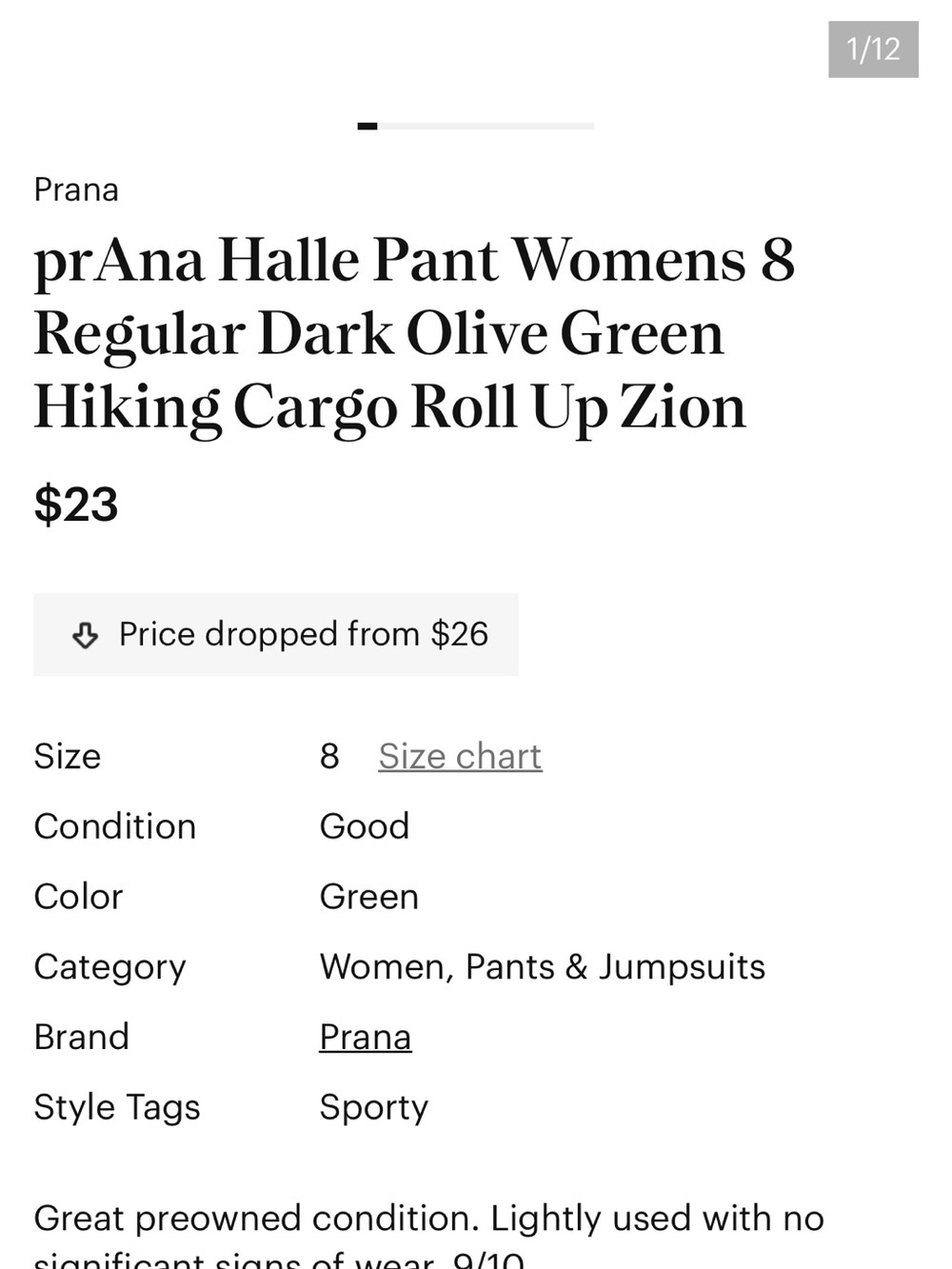 PrAna Women's Halle Army Green Roll up Hiking Pants Size 2 - Picture 10 of 10